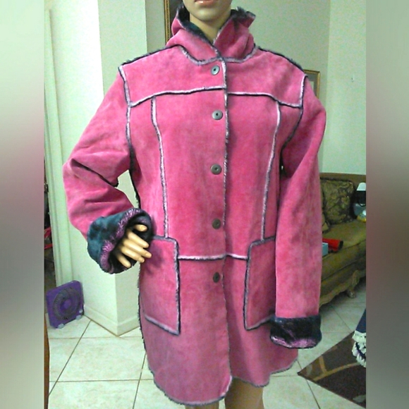 VINTAGE Newport News Pink Leather Suede Jacket W/ Faux Fur (CRAZY GORGEOUS) XL - Picture 2 of 16